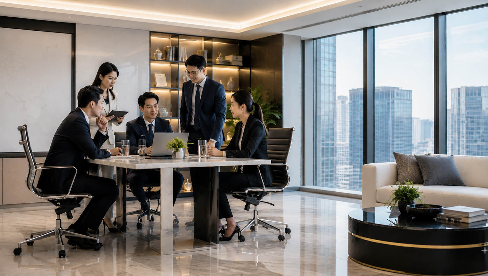 Đội ngũ BLUEMARQ Development trao đổi trong môi trường làm việc chuyên nghiệp